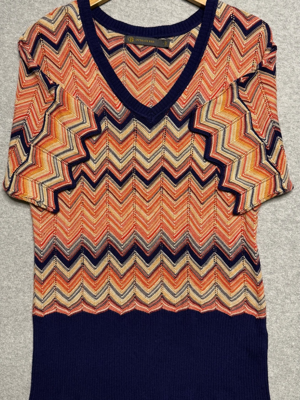 Vintage 90s Outback Red Women’s L Chevron Metallic Knit V Neck Sweater Top